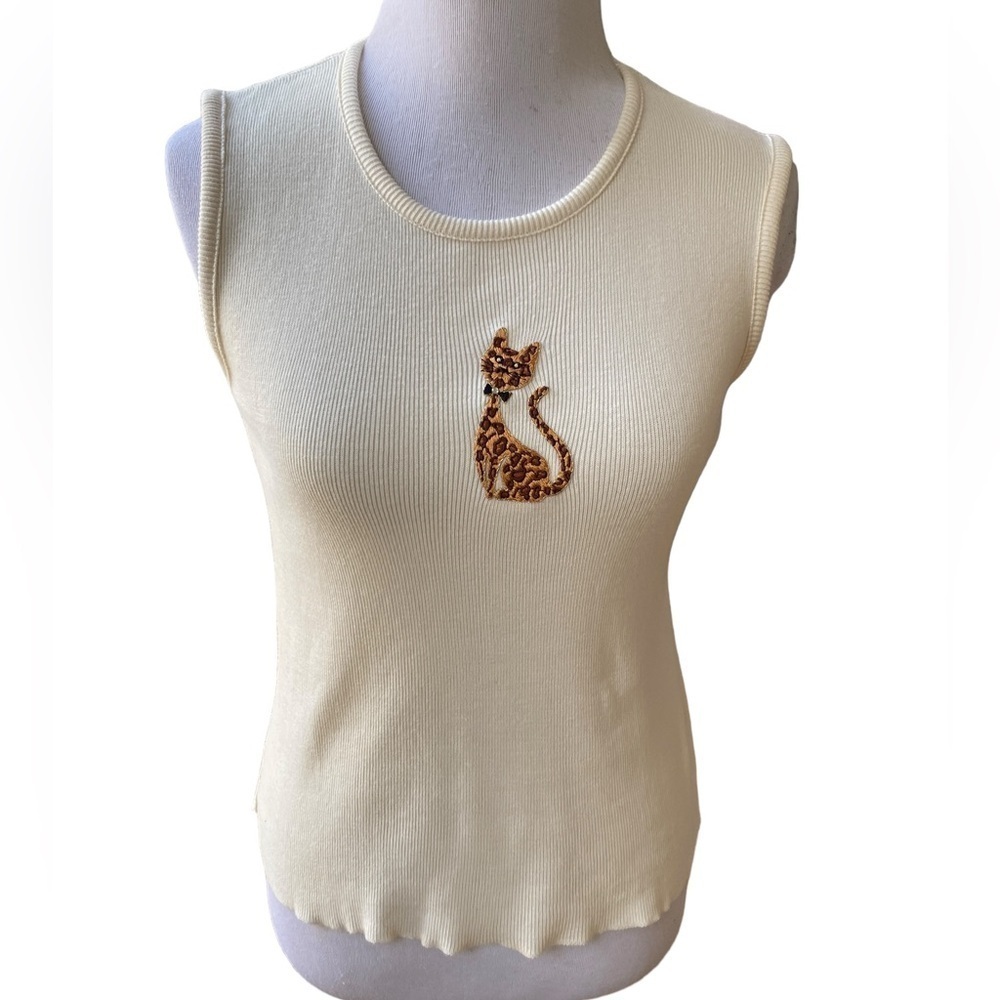TIA Designs Women’s Cotton Sleeveless Top with Cat Appliqué with a Crystal Sz. M